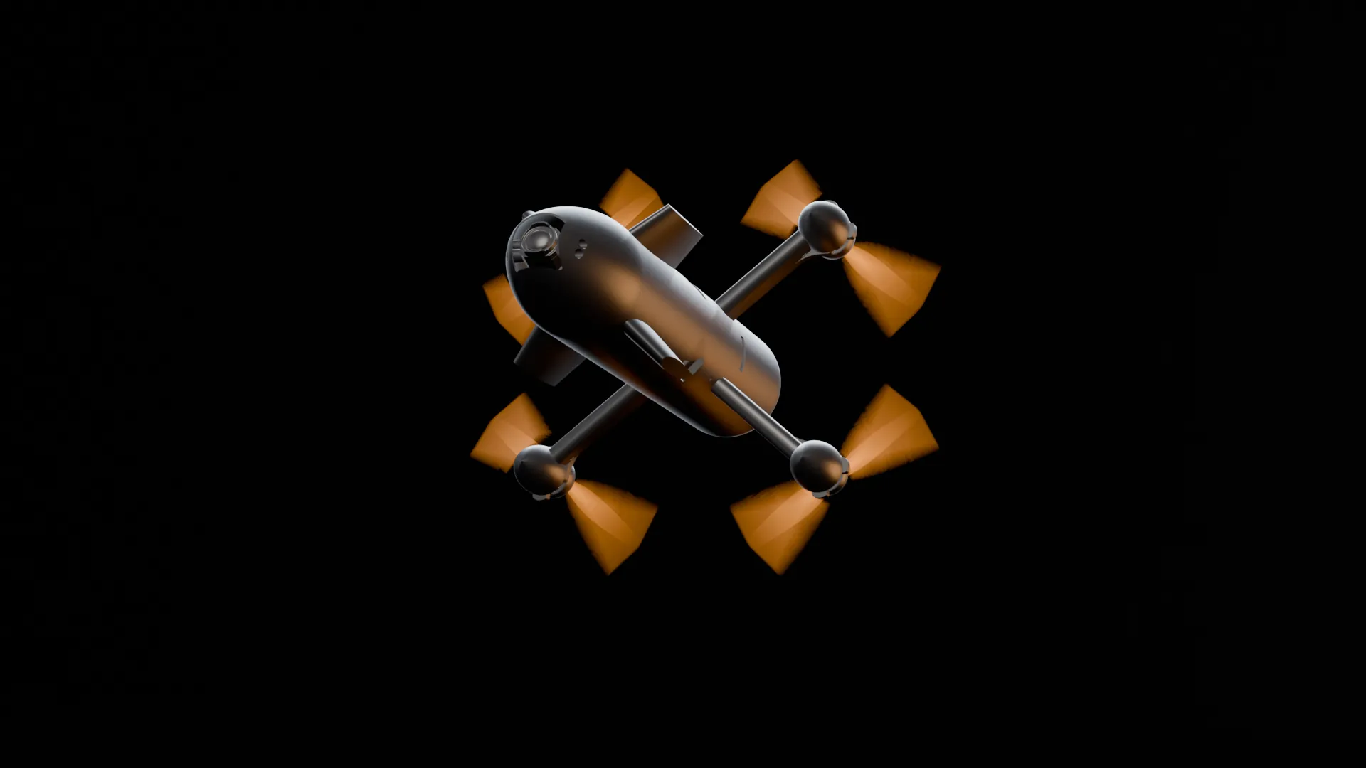 HUNTER quad interceptor in flight, rotors blurred orange